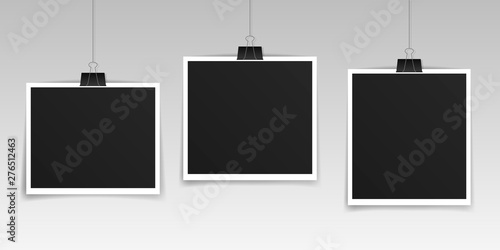 Vector Photo frame set, mockup design. Photo frame hanging on a clip isolated on transparent background. Vector illustration