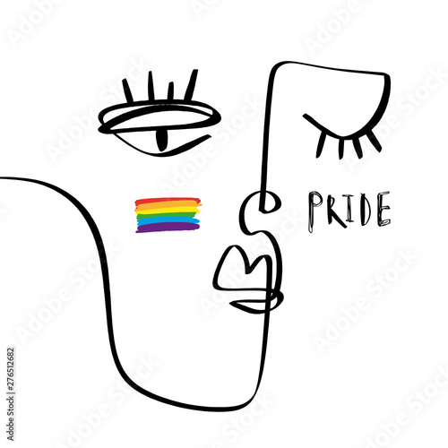 Hand drawing face line art in cubism style with LGBT flag. Stylish print for clothes, textile and other. Vector illustration.