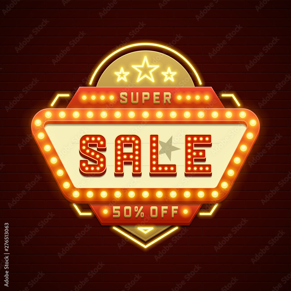 Retro showtime sign design sale cinema signage light bulbs frame and neon lamps on wall background vector illustration