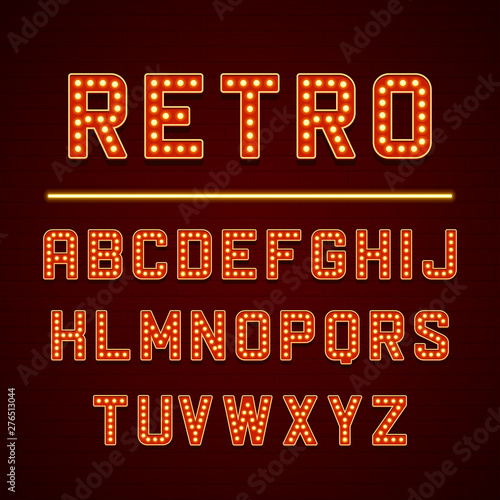 Vector design retro signboard alphabet letters with light bulbs lamps vector illustration