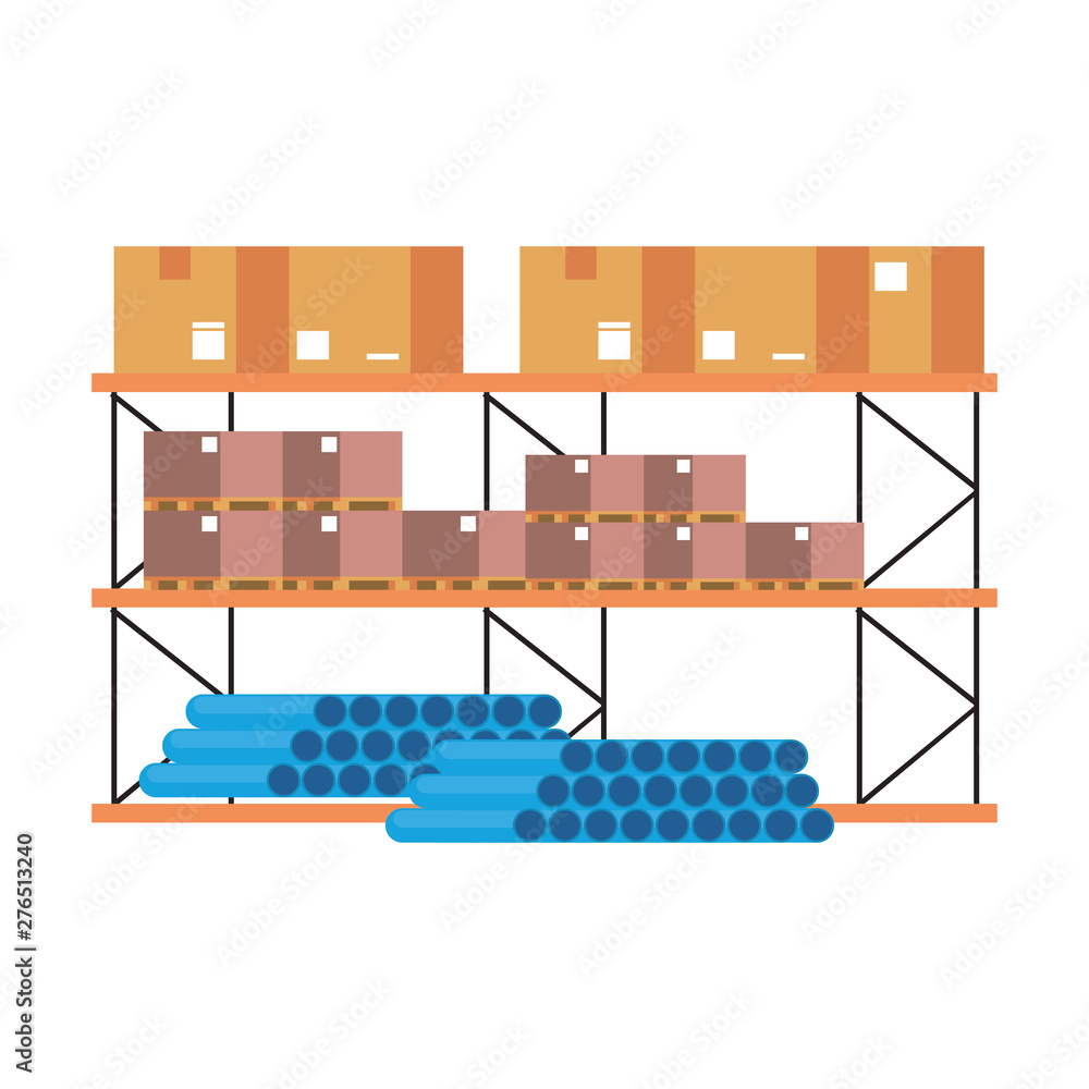 Warehouse shelf with boxes pvc pipes and merchandise Warehouse shelf with boxes pvc pipes and merchandise