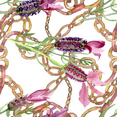 Foto auf Acrylglas Blumen- und Juwelenmuster Lila Lavendel floral botanische Blumen. Aquarellhintergrundillustrationssatz. Nahtloses Hintergrundmuster.  © LIGHTFIELD STUDIOS