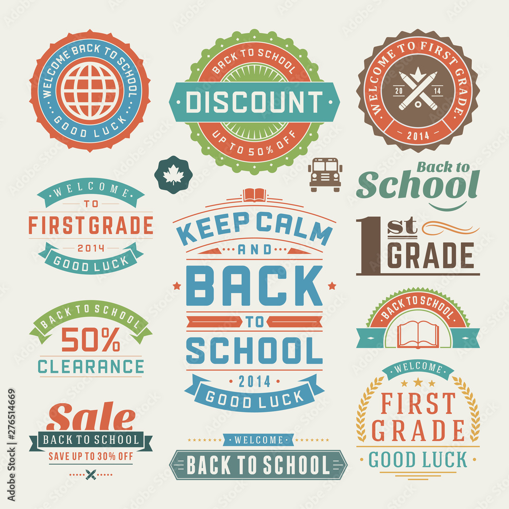 Obraz premium Back to school design elements sale labels and badges set vector illustration.