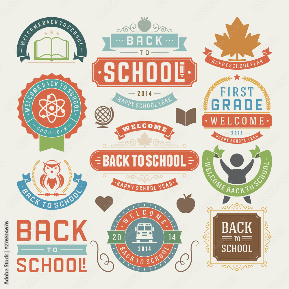 Fototapeta premium Back to school design elements sale labels and badges set vector illustration.