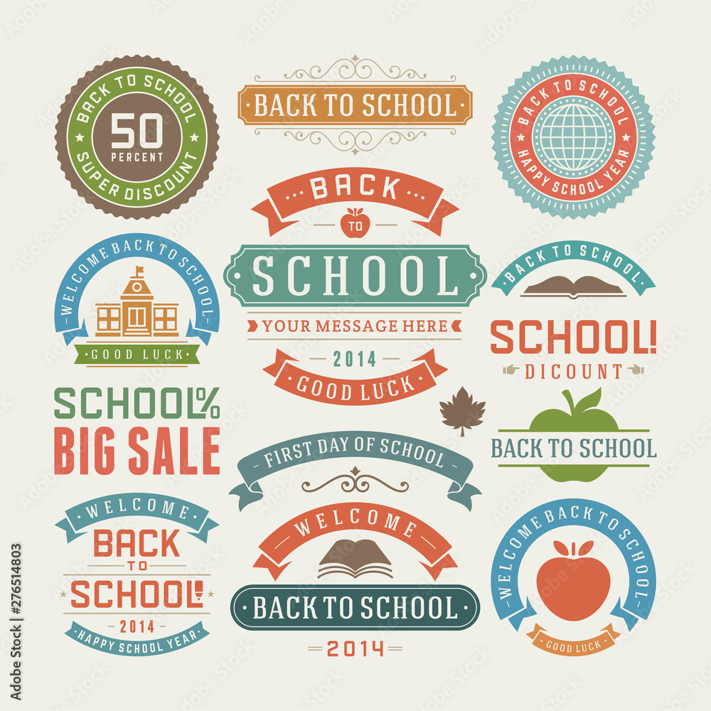 Obraz premium Back to school design elements sale labels and badges set vector illustration.