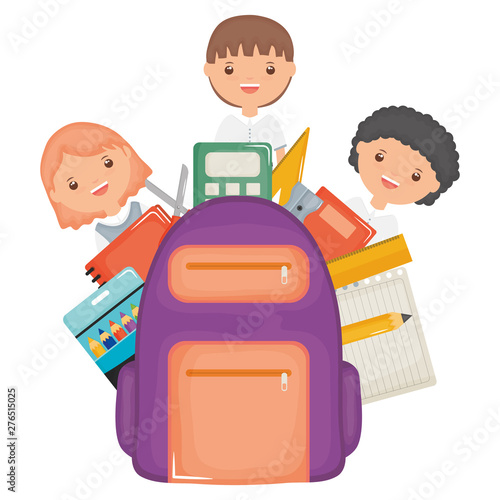 cute little students group with schoolbag and supplies