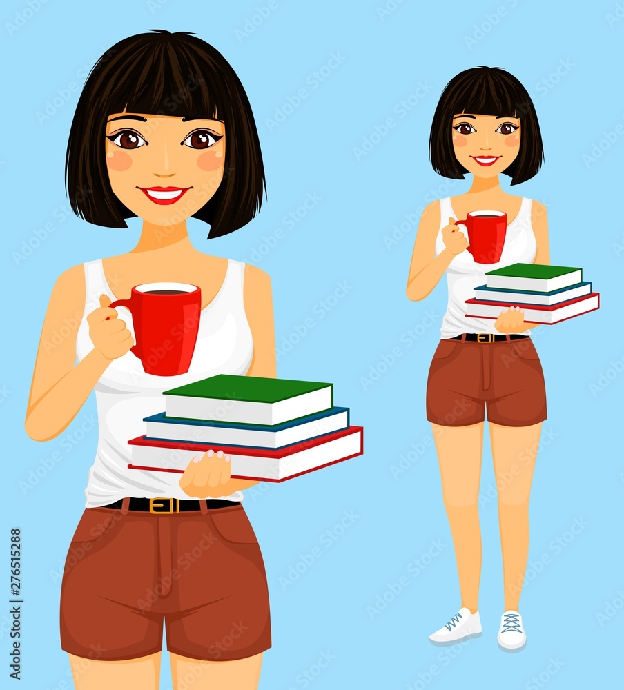 Young attractive girl holding a book and a Cup of coffee. Reading of books. In full growth and portrait. Flat style on blue background. Cartoon. Young attractive girl holding a book and a Cup of coffee. Reading of books. In full growth and portrait. Flat style on blue background. Cartoon.
