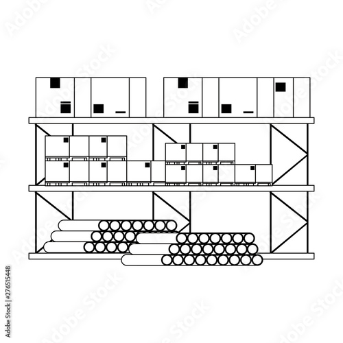 Warehouse shelf with boxes pvc pipes and merchandise in black and white