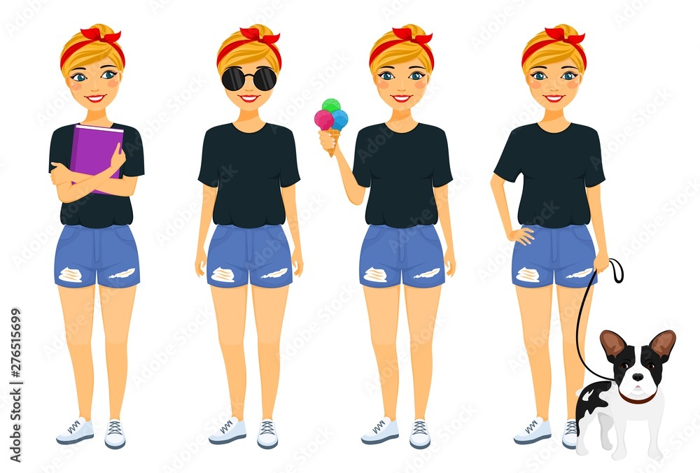 Fototapeta premium Set. The blonde is holding a ice cream, a leash with a dog, a book. Cute blonde. Lifestyle and character. Flat style on white background. Cartoon.