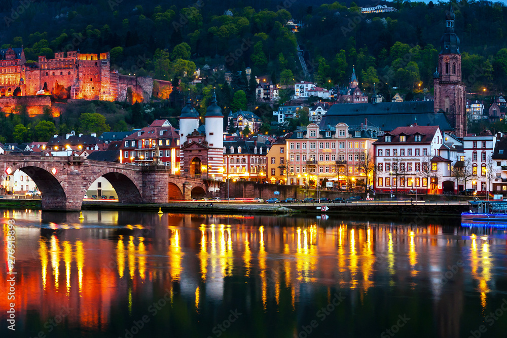 Night view of landmarks in Heidelberg, Germany