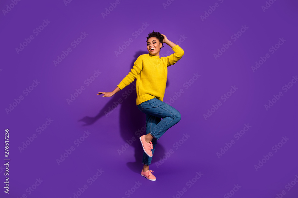 Full size photo of crazy stylish nperson party maker moving isolateed she her over violet purple background