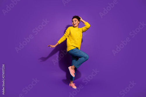 Full size photo of crazy stylish nperson party maker moving isolateed she her over violet purple background