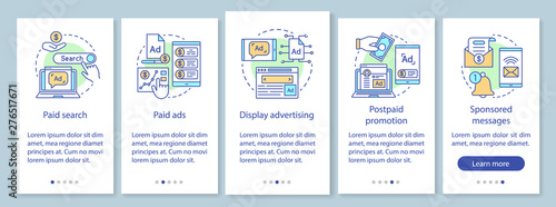 PPC channels onboarding mobile app page screen with linear concepts. Media marketing, ad networks walkthrough steps graphic instructions. UX, UI, GUI vector template with illustrations