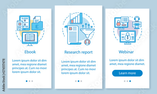 Consideration content onboarding mobile app page screen with linear concepts. Research report, ebook, webinar walkthrough steps graphic instructions. UX, UI, GUI vector template with illustrations