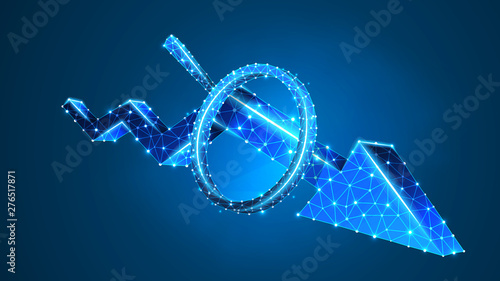 Magnifying glass on Downtrend arrow. Market crisis analysis, infographic reserch concept. Abstract, digital, wireframe, low poly mesh, Polygonal Vector blue neon 3d illustration. Line dot