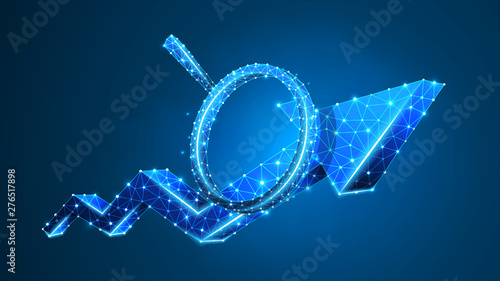 Magnifying glass on Growth chart arrow. Market success analysis, infographic reserch concept. Abstract, digital, wireframe, low poly mesh, Polygonal Vector blue neon 3d illustration. Line dot