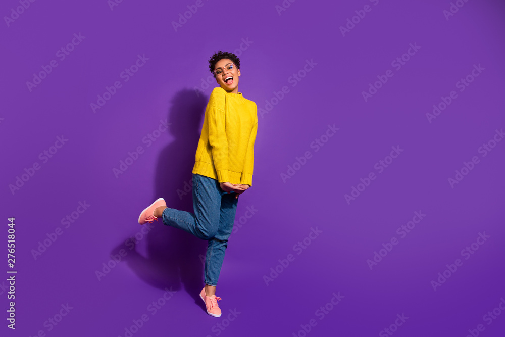 Full length body size view portrait of nice attractive winsome lovely cheerful cheery girlish funny wavy-haired lady having fun time isolated over bright vivid shine violet background Full length body size view portrait of nice attractive winsome lovely cheerful cheery girlish funny wavy-haired lady having fun time isolated over bright vivid shine violet background
