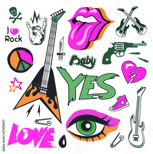 Rock stickers, guitar and broken heart, knife and pin, pistol and cartridge, skull with bones, eye and hand symbols isolated on white, retro vector. Rock-n-roll elements