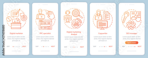Digital marketing specialties orange onboarding mobile app page screen with linear concepts. SEO manager walkthrough steps graphic instructions. UX, UI, GUI vector template with illustrations