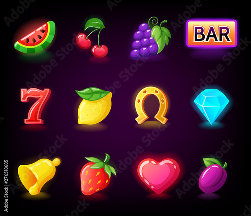 Colorful slots icon set for casino slot machine, gambling games