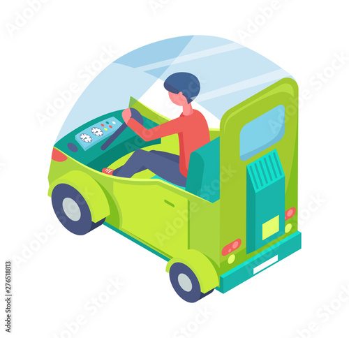 Ecological advancement vector, person driving etransport isolated man in car. Ecologically friendly vehicle with glass and clear design, green automobile