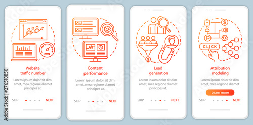Digital marketing benefits orange onboarding mobile app page screen vector template. Walkthrough website steps with linear illustrations. UX, UI, GUI smartphone interface concept
