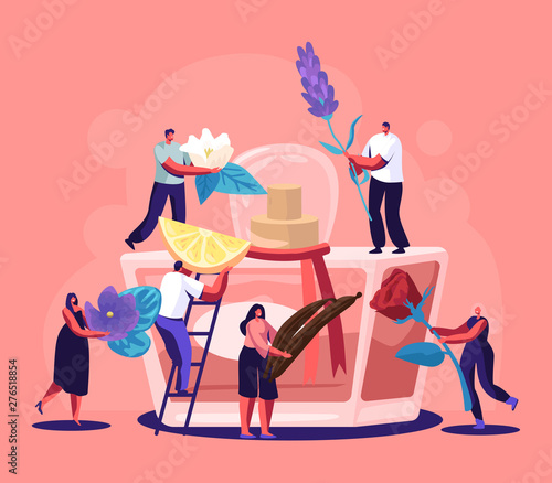Male and Female Perfumer Characters Create New Perfume Fragrance. Tiny People Bring Ingredients to Huge Sprayer Bottle with Toilet Water. Aroma Composition. Perfumery Cartoon Flat Vector Illustration
