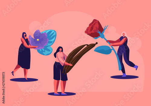 Tiny Perfumer Characters Holding Ingredients for Creating New Perfume Composition Rose, Violet Flowers and Vanilla Sticks. Fragrance, Toilet Water, Aroma, Perfumery. Cartoon Flat Vector Illustration