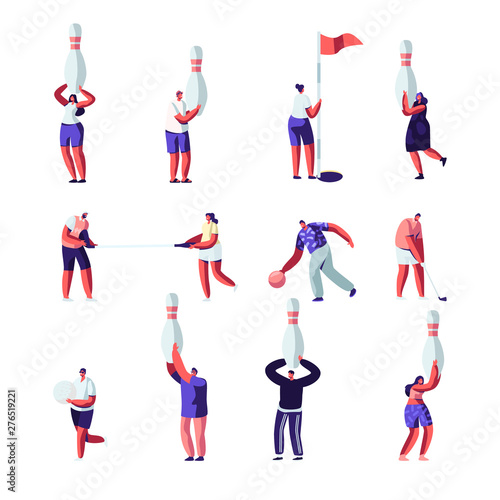 People Playing Golf and Bowling Set. Summertime Outdoors and Indoors Fun Activity, Healthy Lifestyle. Characters with Sports Equipment. Leisure, Weekend, Sparetime. Cartoon Flat Vector Illustration