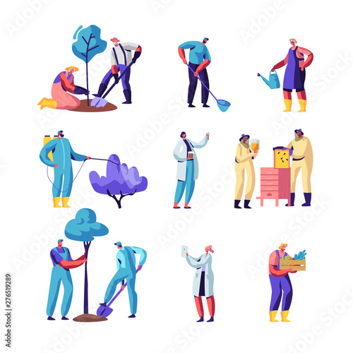 Farmers, Beekeepers, Gardeners Set. Characters Growing and Care of Plants in Garden or Greenhouse, Planting Trees, Collect Crop on Farm, Produce Honey, Seasonal Work, Cartoon Flat Vector Illustration