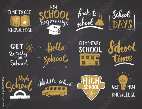 Back to School Calligraphic Letterings Set. Typographic Design. Calligraphy Lettering with School Elements sketch doodles. Hand Drawn Vector illustration on chalkboard background