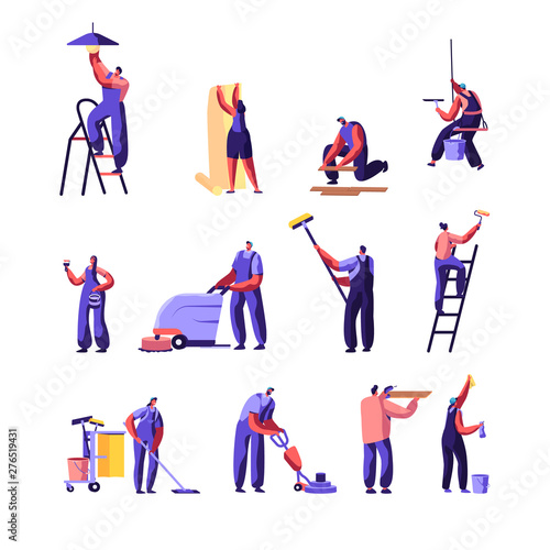 Cleaning and Repair Service Workers Set. Home Worker with Roller for Wall Painting. Service of Professional Cleaners at Work Mopping, Vacuuming Floor, Rub, Sweeping. Cartoon Flat Vector Illustration