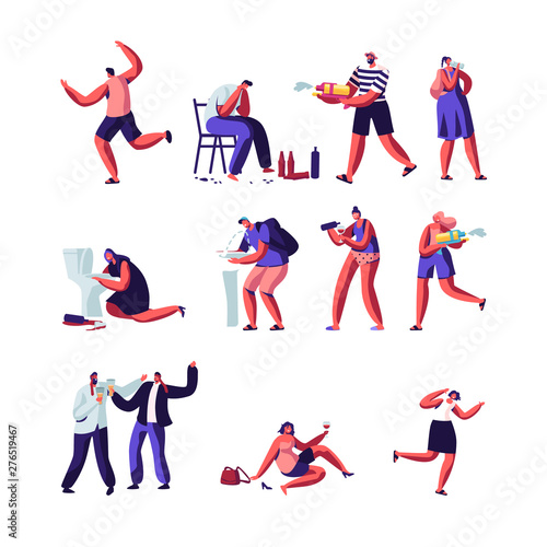 Drinkers and People Playing with Water Guns Set. Characters with Alcohol Addiction, Drunk Men and Women Lying on Ground, Puking, Hot Summer Time Season Weather Games. Cartoon Flat Vector Illustration