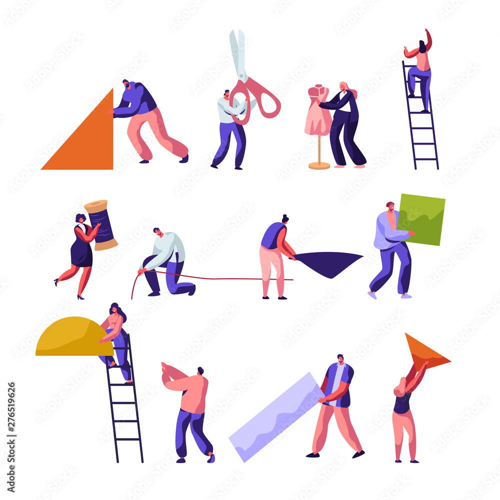Designers. Tailoring and Creative Atelier Workers Profession Set. Fashion Design, Dressmakers Create Outfit and Apparel, Mannequin. Tailor Textile Craft Business. Cartoon Flat Vector Illustration