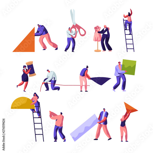 Designers. Tailoring and Creative Atelier Workers Profession Set. Fashion Design, Dressmakers Create Outfit and Apparel, Mannequin. Tailor Textile Craft Business. Cartoon Flat Vector Illustration
