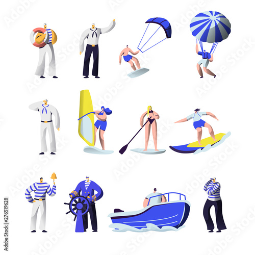 Summer Time Extreme Sports and Sea Professions Set. Ship Crew Uniform, Captain, Sailors, Surfing, Sup Board, Paragliding, Motor Boat Riding, Sailing, Vacation, Leisure Cartoon Flat Vector Illustration
