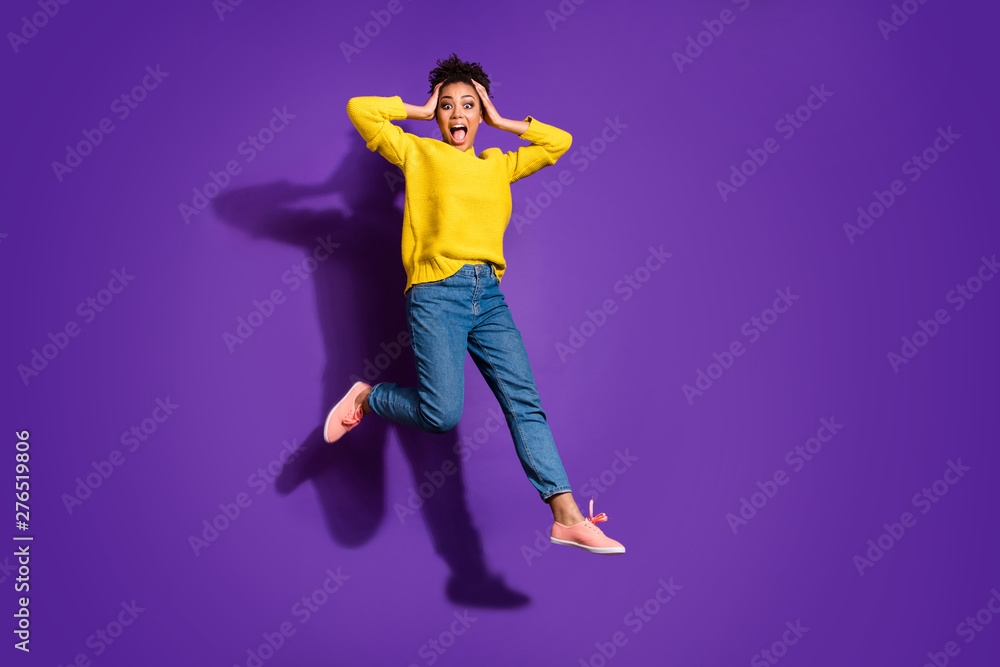 Full length body size view portrait of her she nice attractive lovely funny cheerful cheery optimistic wavy-haired girl having fun isolated over bright vivid shine violet background