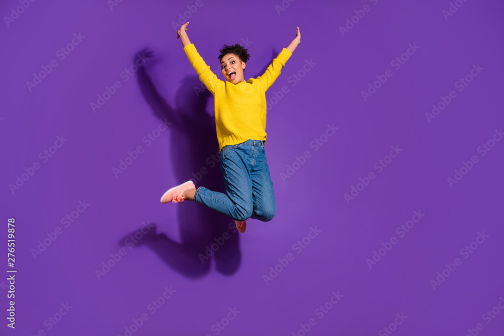 Full length body size view portrait of her she nice lovely attractive funny ecstatic cheerful cheery free wavy-haired girl having fun freedom isolated over bright vivid shine violet background - obrazy, fototapety, plakaty 