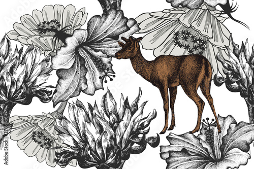 Wallpaper Mural Deer with hibiscus, cactus flowers in the flower, seamless background. Hand-drawn, vector illustration. Torontodigital.ca