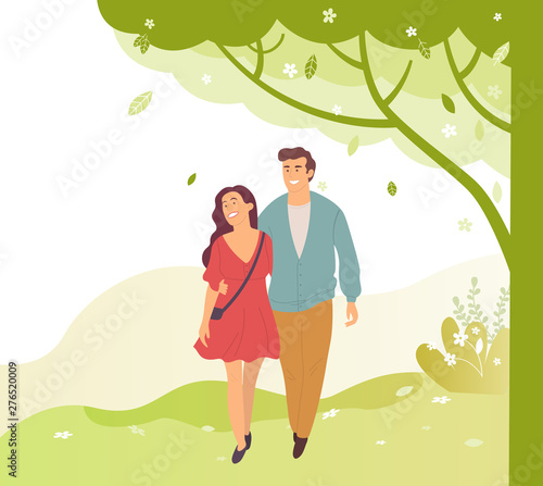 Young people walk in green spring or summer park, smiling cartoon characters. Vector brunette woman in dress and smiling handsome guy in blue jacket