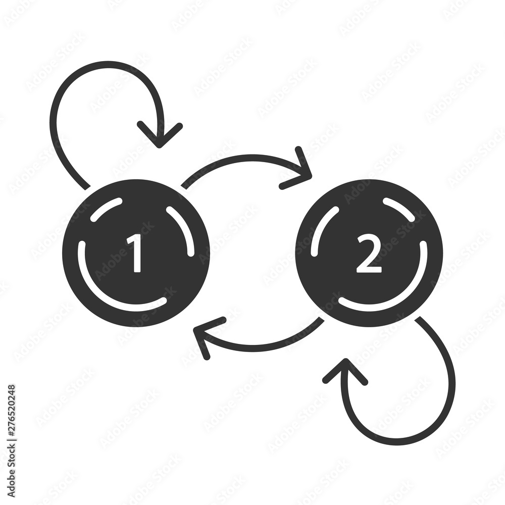 State diagram glyph icon. System behavior. Object two states. Computer science. Data processing. Information technology. Silhouette symbol. Negative space. Vector isolated illustration