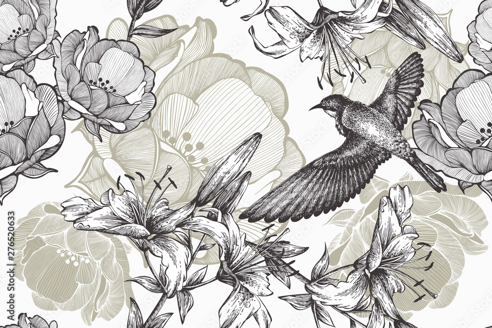 Fototapeta Flying bird on a floral background of lilies and roses. Seamless pattern, vector illustration.