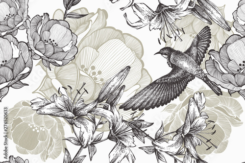 Wallpaper Mural Flying bird on a floral background of lilies and roses. Seamless pattern, vector illustration. Torontodigital.ca