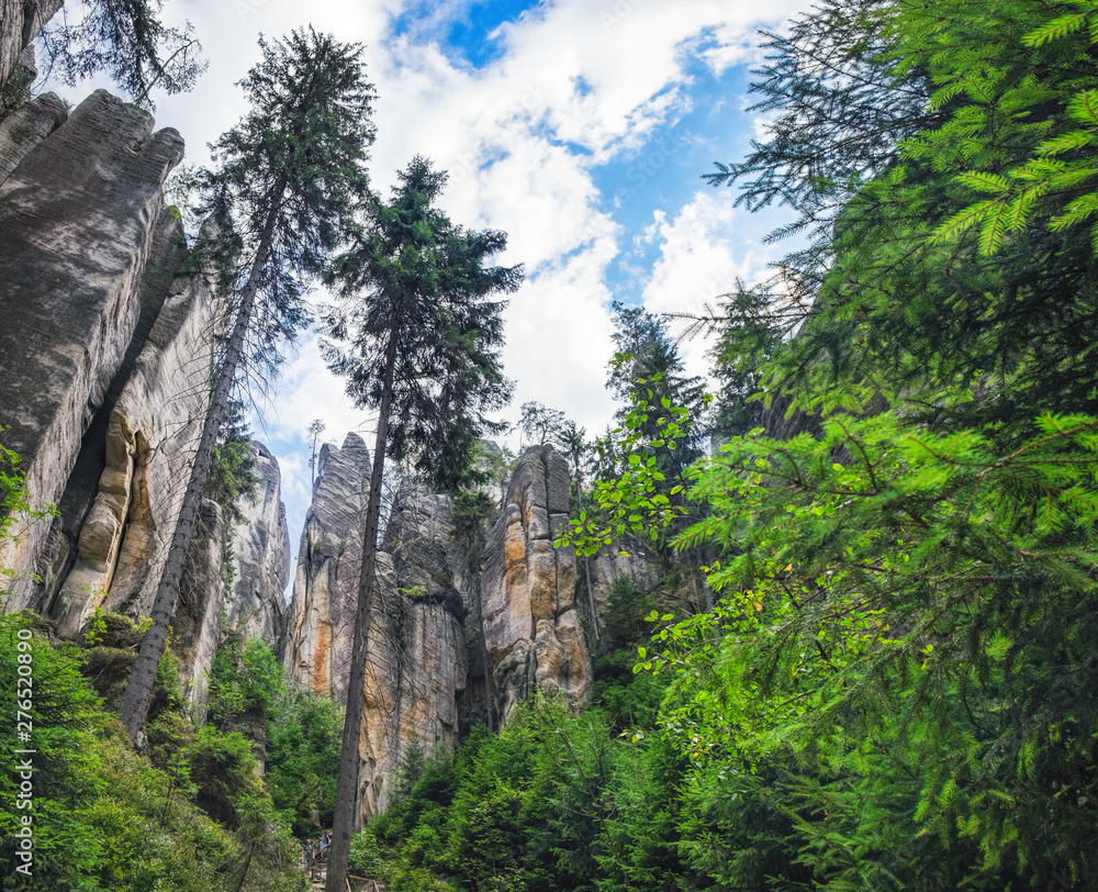 View of famous sandstone rock towers of Adrspach and Teplice Rocks and ancient pines growing between them. Adrspach National Park in northeastern Bohemia, Czech Republic, Europe