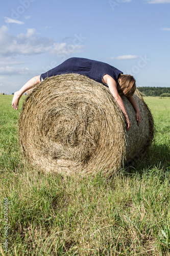 Failed emotion of woman. Girl is alone depressed. Hopeless . Woman is resting on a field nature. Mental trauma . Hangover after dance, bar. Woman is tired of job. Woman is overhelmed overwork.