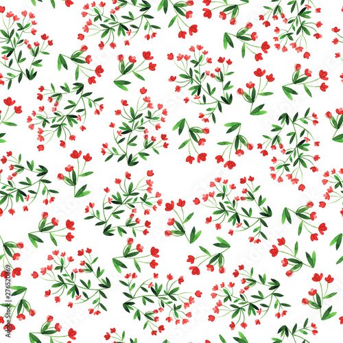 Seamless pattern with decorative green branches with red flowers on white background. Hand drawn watercolor illustration.