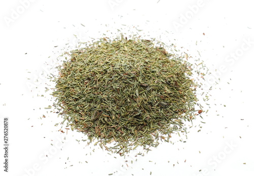 Dry thyme, chopped breckland isolated on white background 