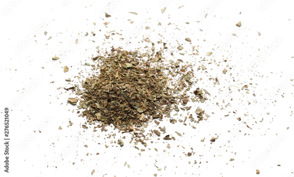 Basil dried spice isolated on white background and texture, top view Basil dried spice isolated on white background and texture, top view