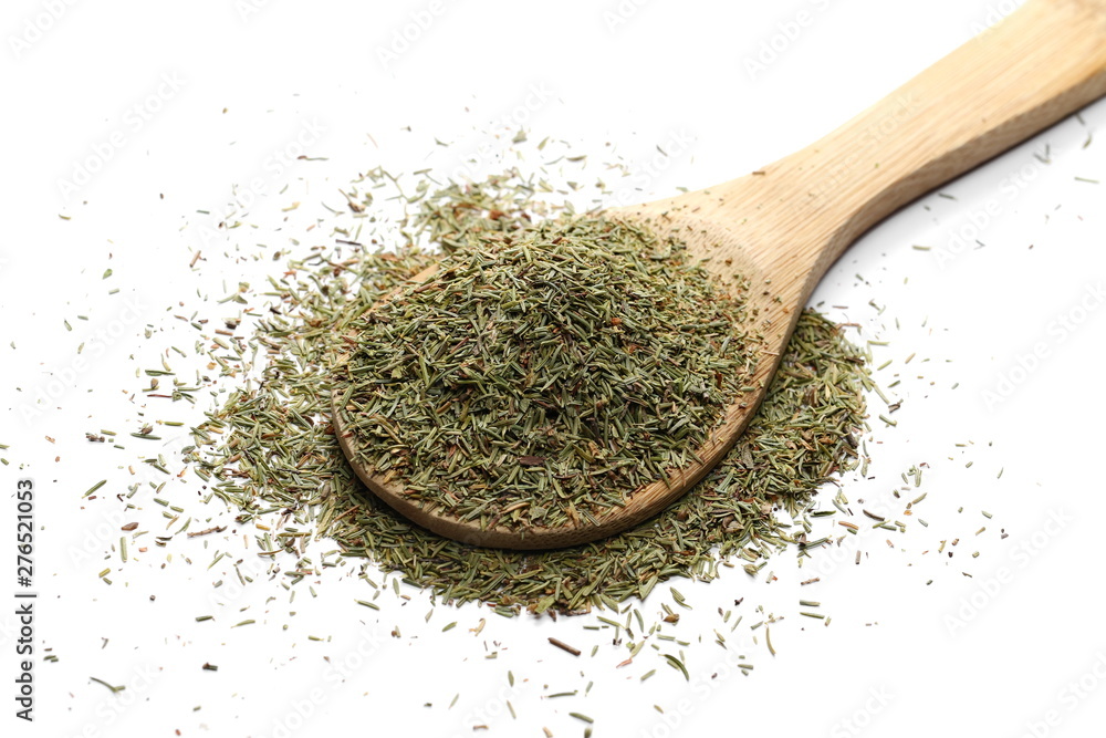 Dry thyme, breckland in wooden spoon isolated on white background Dry thyme, breckland in wooden spoon isolated on white background