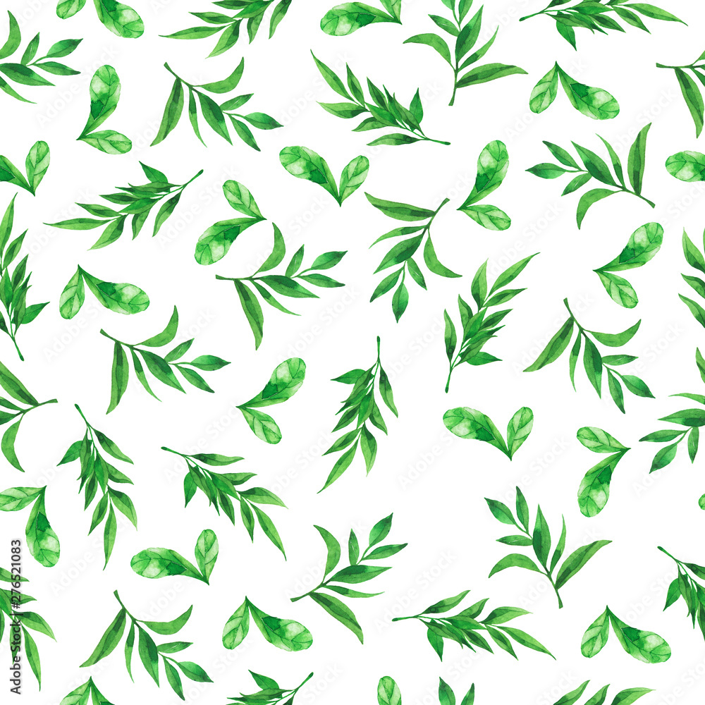 Seamless pattern with fresh green leaves on white background. Hand drawn watercolor illustration. Seamless pattern with fresh green leaves on white background. Hand drawn watercolor illustration.